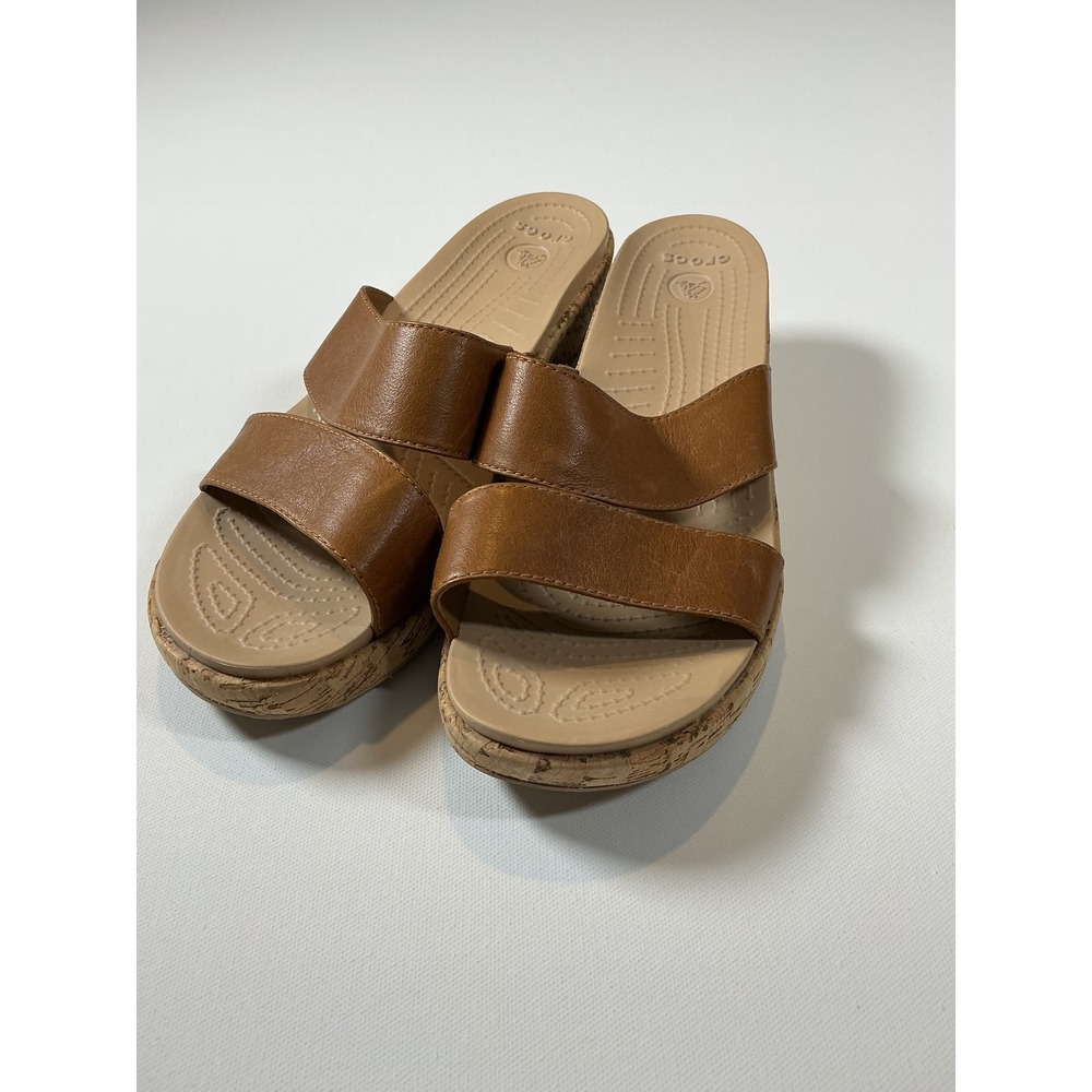 Crocs A-Leigh's Leather Wedge Slide Sandals Brown Tan Size 11